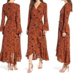 Leith Nordstrom Rack Floral Autumn Rust Belle Sleeve Wrap Dress